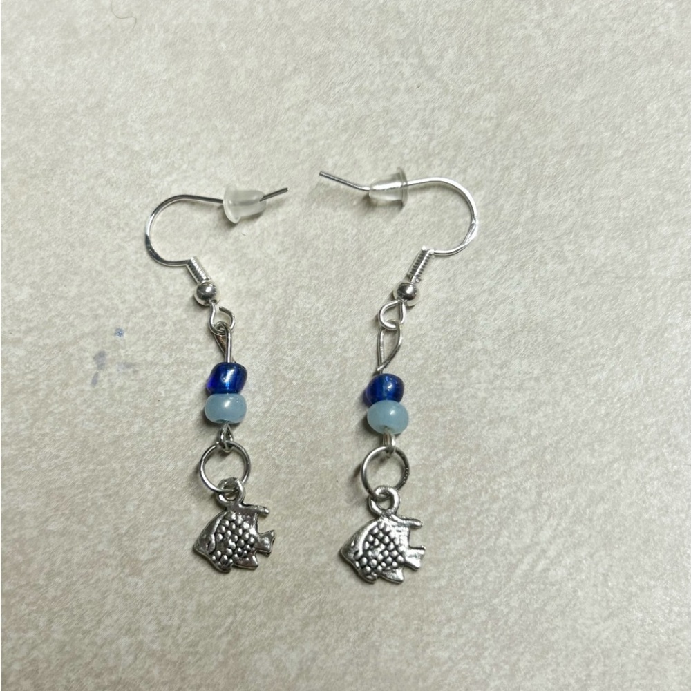 Blue And Silver Fish Dangle Earrings